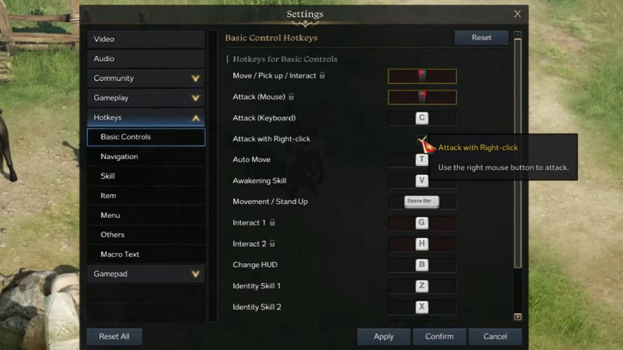 Lost Ark settings screen with mouse hovering over 'attack with right mouse click' option