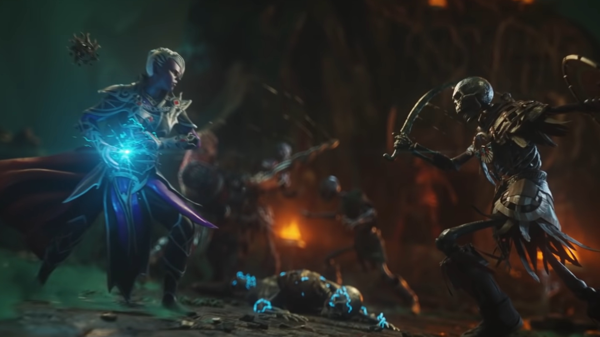 Best new MMOs: A spellcaster faces off against a skeleton wielding a sword and shield in Neverwinter.