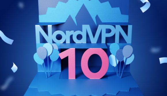 A special promotional image of 'NordVPN 10' popping out of a card to mark the company's 10th birthday.