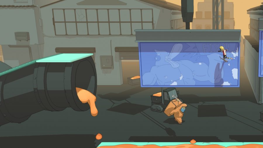 Performing a wall ride across an industrial level full of toxic sludge in our OlliOlli World review