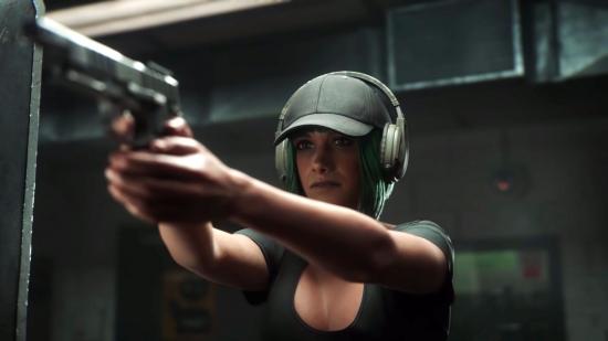 Ela firing a pistol at a shooting range in a Rainbow Six Siege CGI