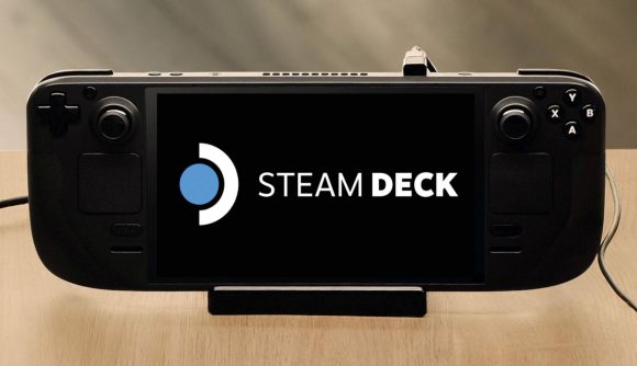 Steam Deck on dock with Steam Deck logo