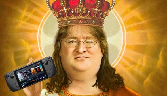 The famous Gabe Newell Jesus meme holding a Steam Deck
