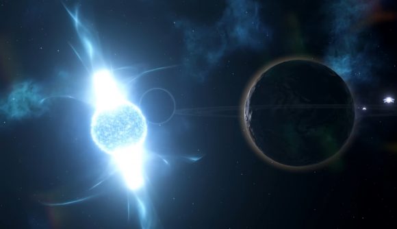 The dark side of a planet is seen as it orbits a blue dwarf star in Stellaris.