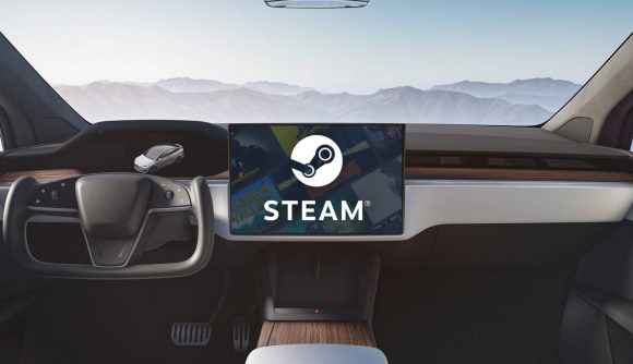 Inside Tesla Model S with Steam logo on dashboard