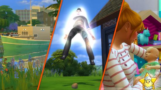 A split image showing a boat, a floating man, and a parent, all from popular sims 4 mods