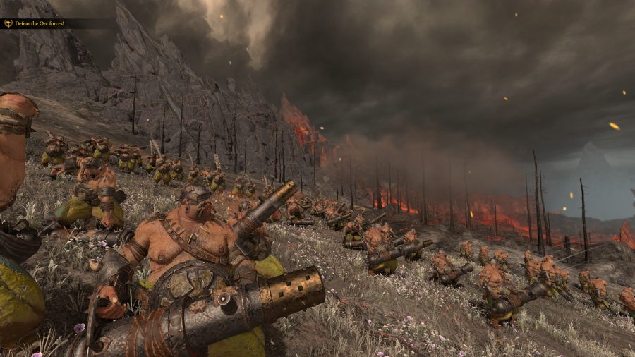Leadbelchers taking part in an ogre battle during our Total War: Warhammer 3 review