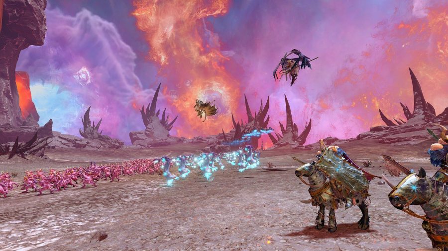 The purple-pink and blue skies of the Realms of Chaos during our Total War: Warhammer 3 review