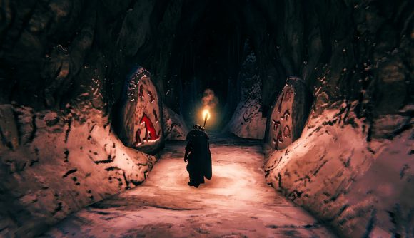 A Valheim player explores the new Frost Caves on the PTR