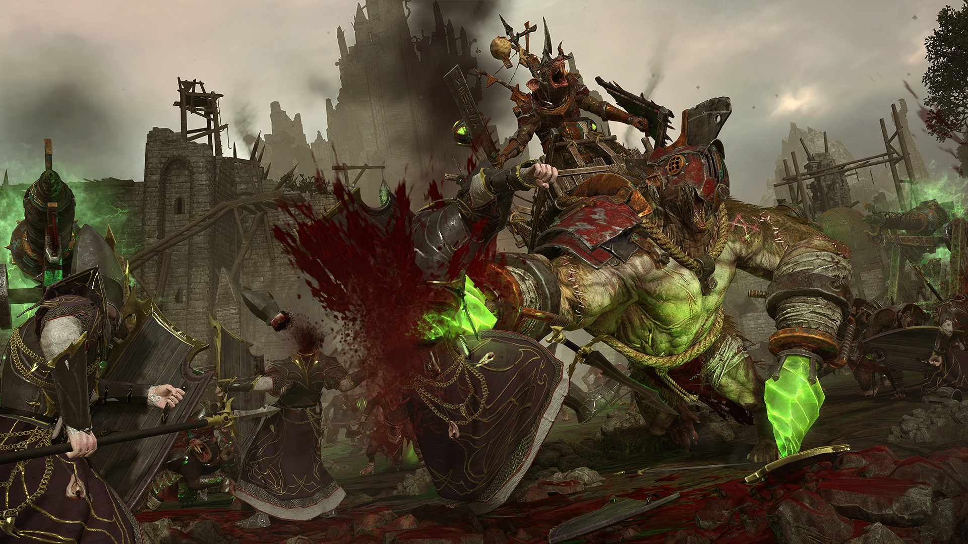 A Skaven kills an enemy unit in a gory fashion from the Blood Pack Warhammer 3 DLC