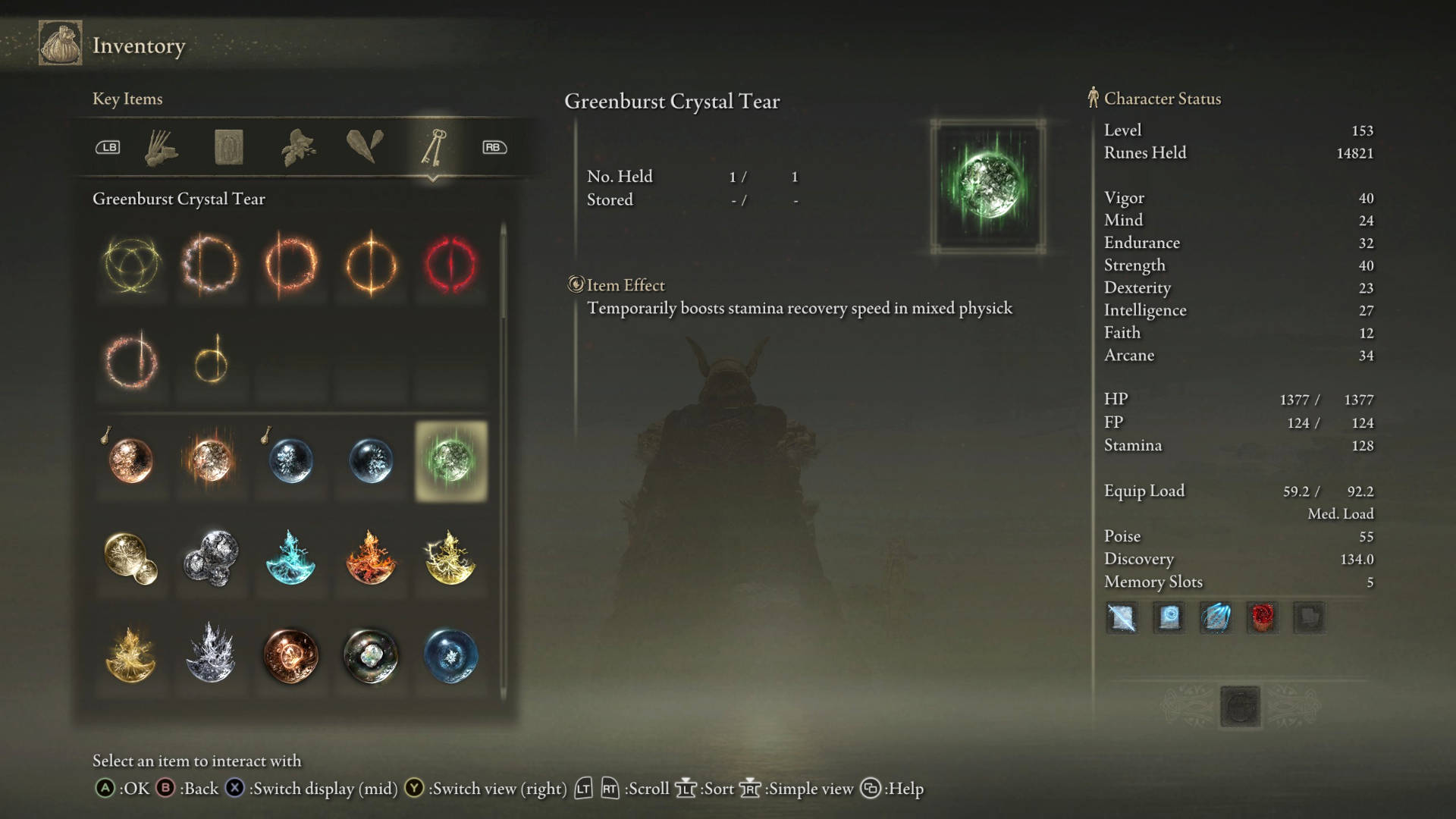 Elden Ring crystal tears: the Greenburst Crystal tear in the inventory menu.