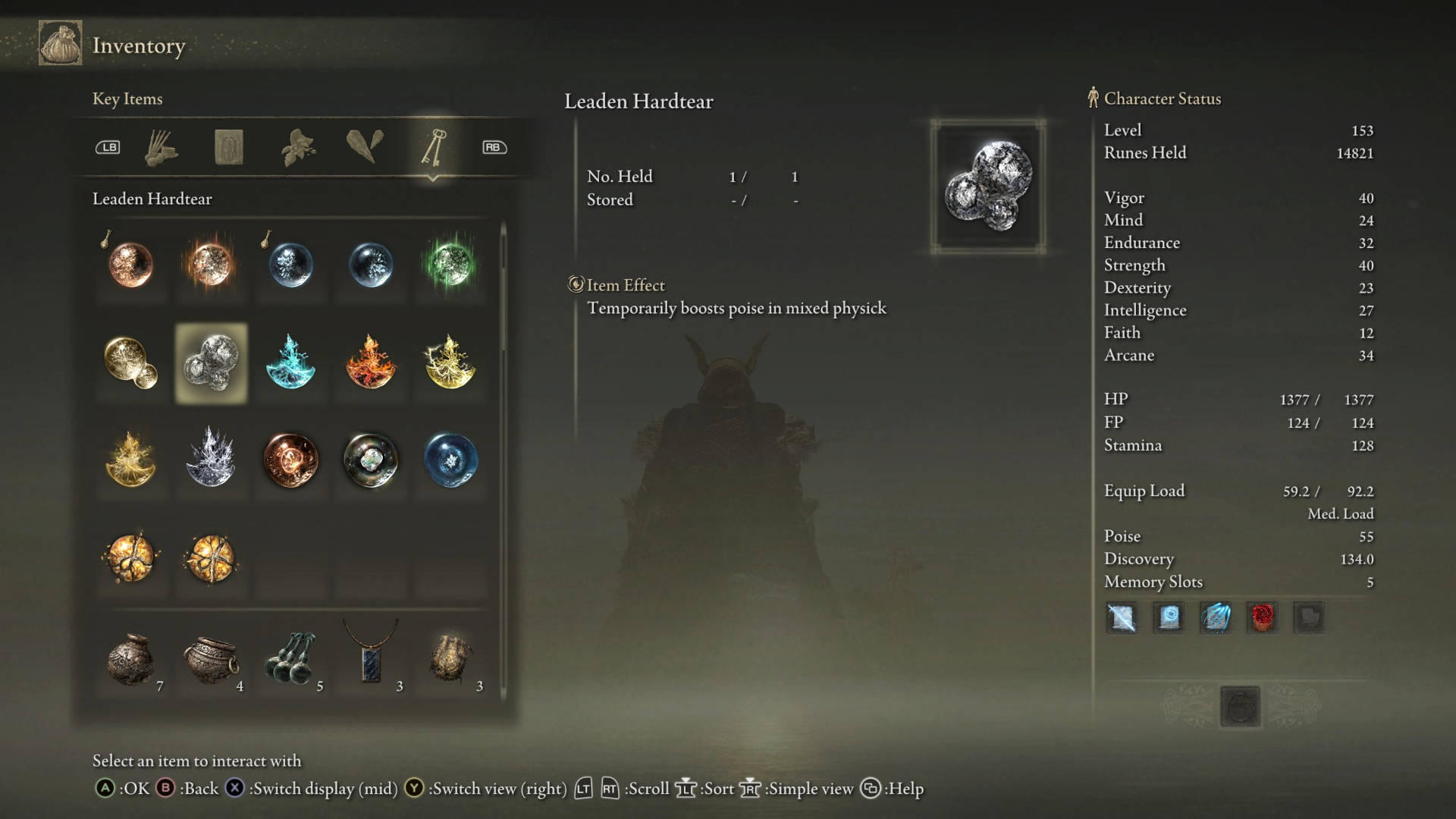 Elden Ring crystal tears: the Leaden Hardtear in the inventory menu.