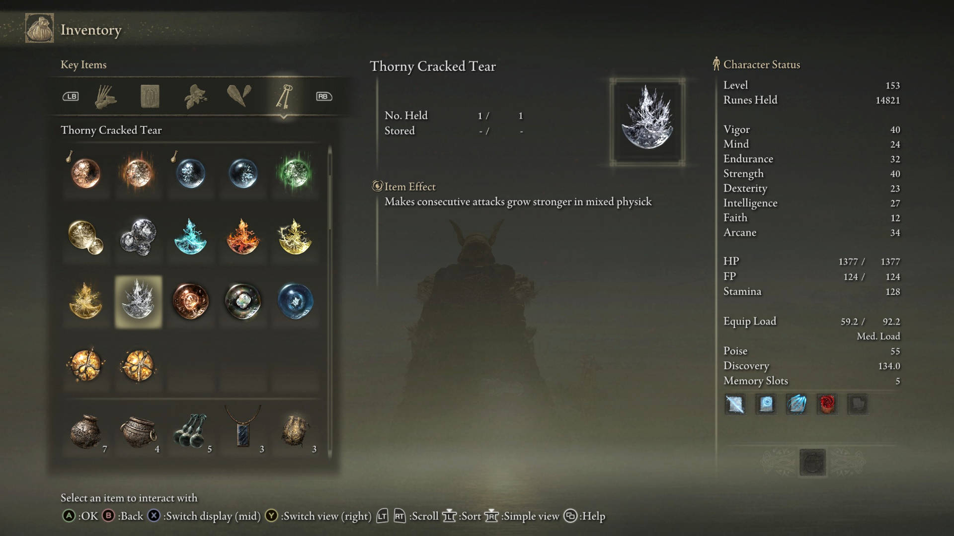 Elden Ring crystal tears: the Thorny Cracked tear in the inventory menu.