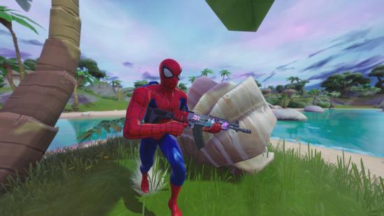 Fortnite Chapter 3 Season 2 release date: Spider-Man is holding an assault rifle while running past a giant clam on an island.
