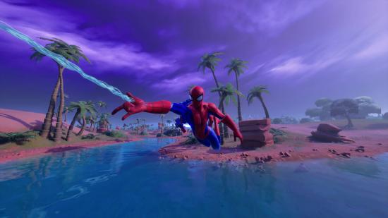 Spider-Man is swinging with his webs across a desert river in Fortnite