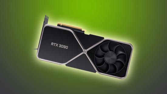 An Nvidia RTX 3090 graphics card on green gradient backdrop