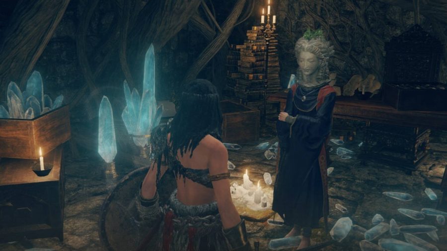 The best Elden Ring quests: a Tarnished is talking with Sellen, a sorceress with a stone mask on her head.