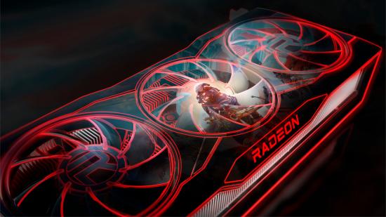 An AMD Radeon RX 6000 3D render with the videogame Godfall superimposed on its fan stencil