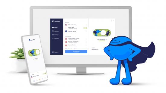 The Atlas VPN mascot, who is a blue ball in a cape, standing proudly beside a PC and smartphone running Atlas VPN.