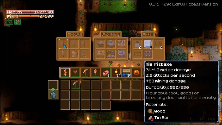 A player highlighting over the Tin Pickaxe in Core Keeper
