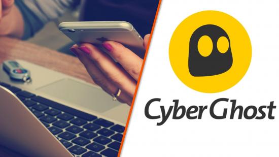 Cyberghost VPN images: one shows a person on their laptop and mobile, the other shows the Cyberghost logo on a white background.