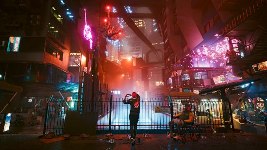 V from Cyberpunk 2077 looks out onto the city