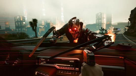Cyberpunk 2077 patch 1.52: an enemy jumps on the front of a car