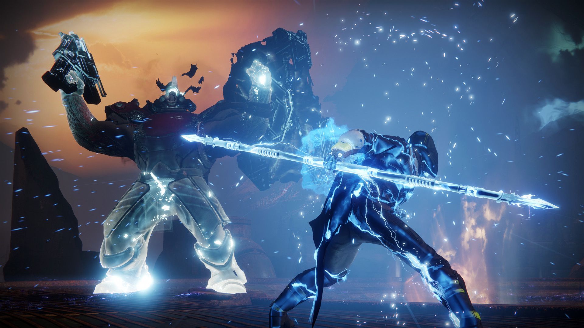Destiny 2 classes: the Arcstrider Hunter subclass facing off against a boss