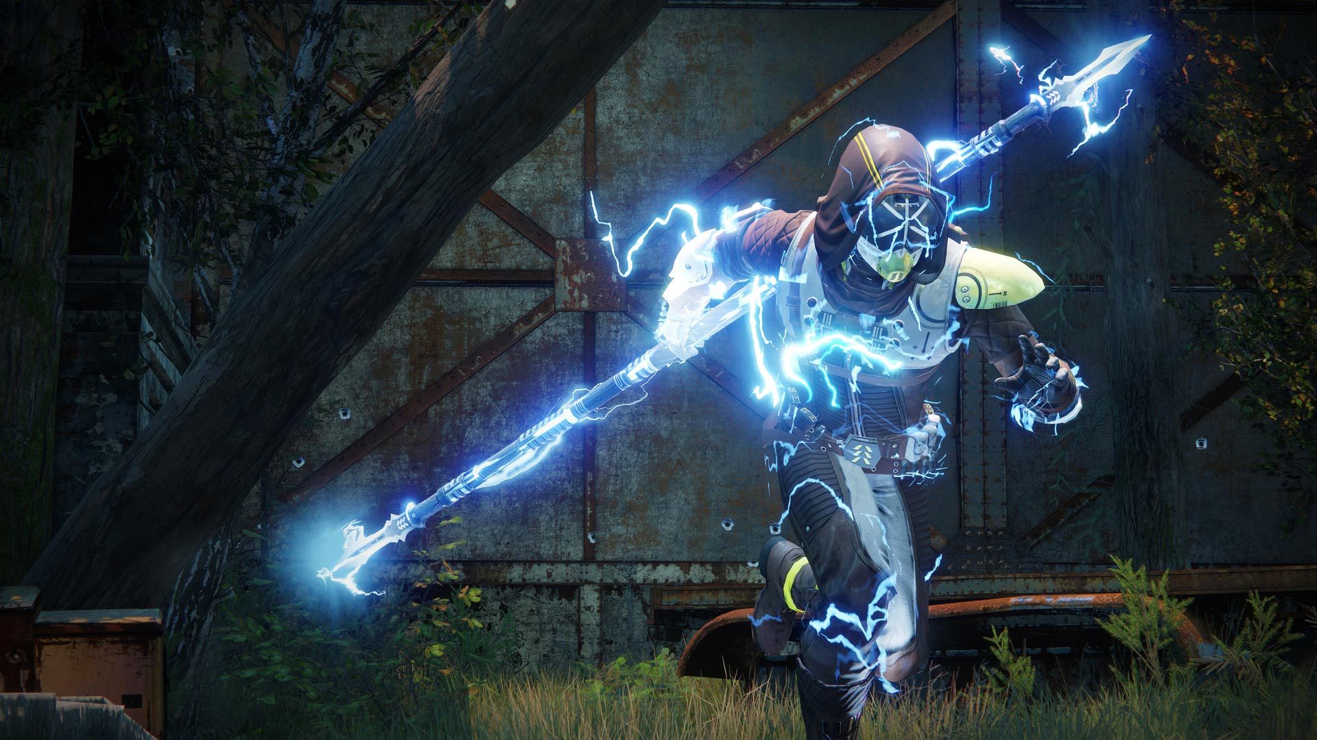 Destiny 2 classes: a Hunter striding across the battlefield with an Arc energy staff