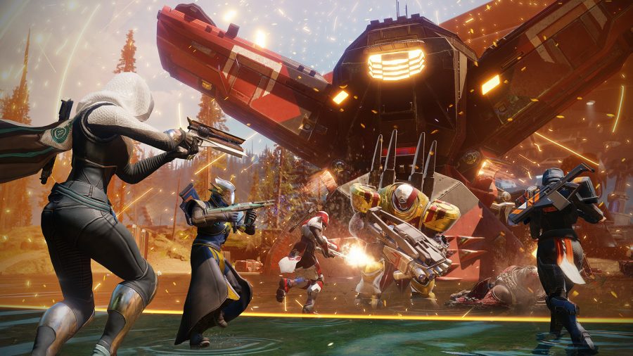 A squad of players in Destiny 2 take on boss, like you would for a Nightfall strike to get the Nightfall weapon