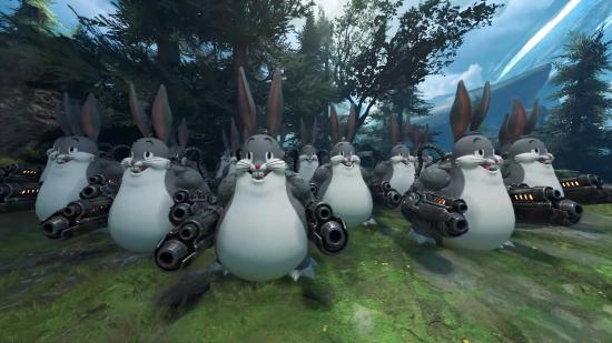 A dozen 3D versions of the 'Big Chungus' version of Bugs Bunny appear in Doom Eternal, holding plasma launchers.