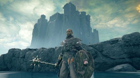 Elden Ring difficulty: a player with a mace and wooden shield with a foreboding cliffside castle in the background