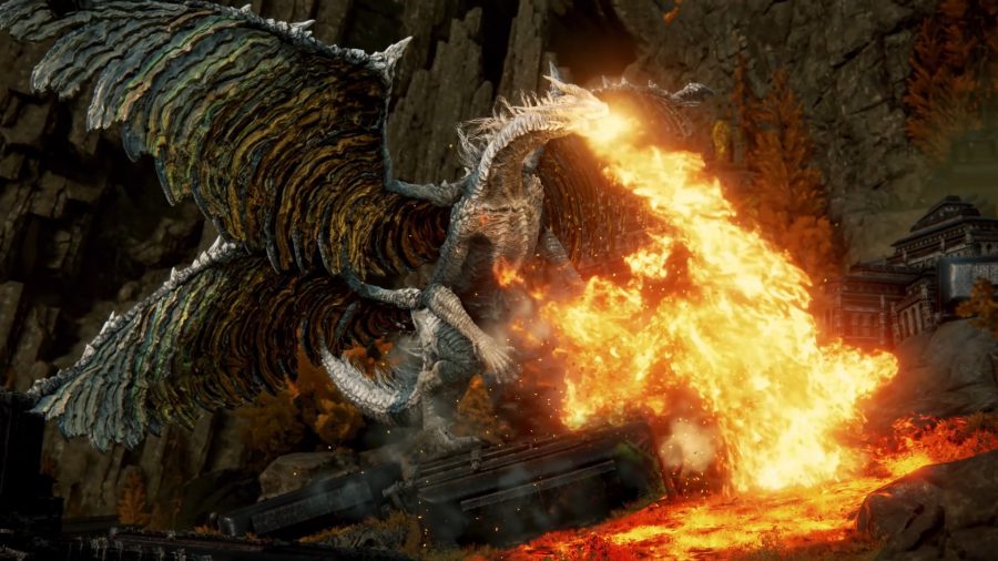 Elden Ring dragon locations: a dragon breathing fire in Elden Ring