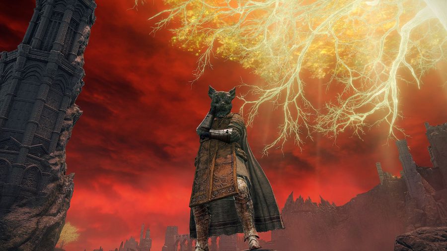 Elden Ring dying twice: a character wearing a cat helmet nodding towards the camera with a vibrant red sky in the background