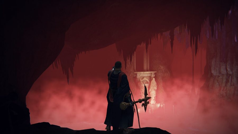 Elden Ring dying twice: looking out across a crimson lake of rot deep in Ainsel River
