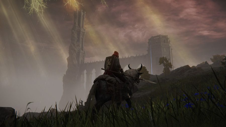Elden Ring dying twice: riding your horse Torrent while watching the sun set over a divine tower