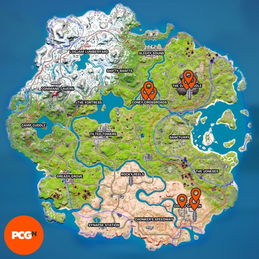 Fortnite Battle Bus Plans Locations: the Fortnite map with pins highlighting where the battle bus plans are located