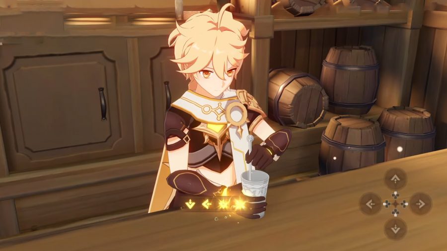 The Traveler mixing a drink using the arrow prompts in Genshin Impact's Of Drink A Dreaming Event