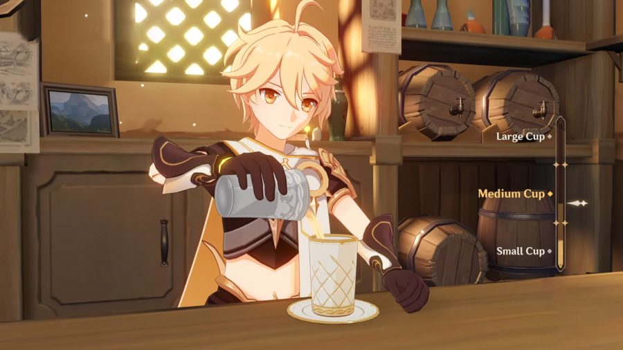 The Traveler pouring a mixed drink into a medium sized cup in Genshin Impact's Of Drink A Dreaming Event