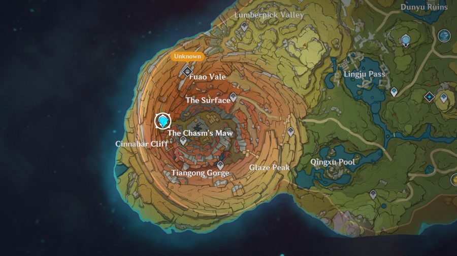 Genshin Impact Lost Valley domain highlighted on the in-game located in The Chasm