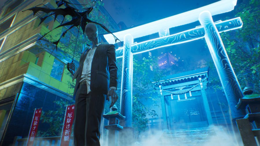 A faceless businessman holds up a broken umbrella in Ghostwire: Tokyo