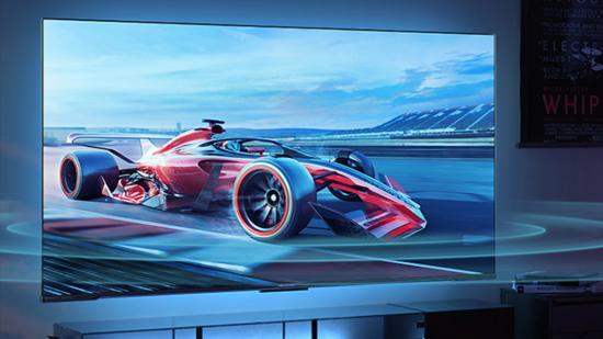 Hisense 65-Inch gaming TV on wall of blue tint room