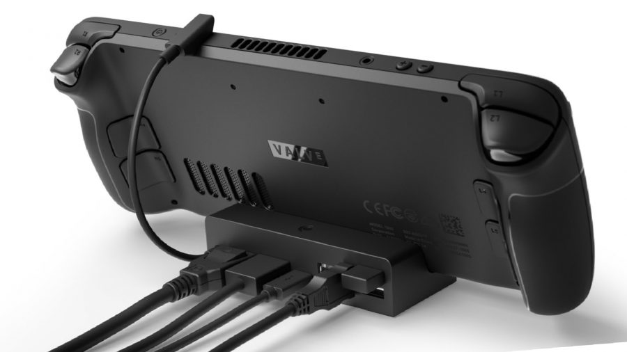 Cara Menghubungkan Dek Steam ke TV: Dek Dek Steam dari belakang dengan pelbagai kabel yang disambungkan