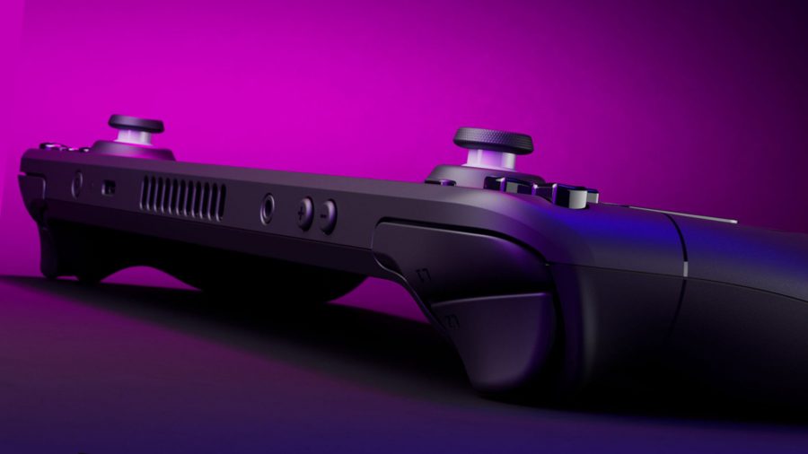 Utilisation de Steam Deck à la télévision: haut de la console portable avec toile de fond violet