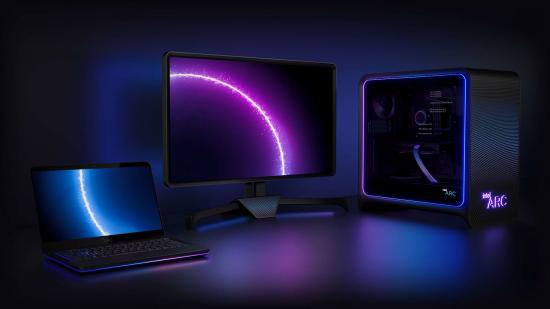 Intel Arc: (from left to right) a gaming laptop, monitor, and desktop PC feature Intel Arc's blue-purple colour scheme and logos