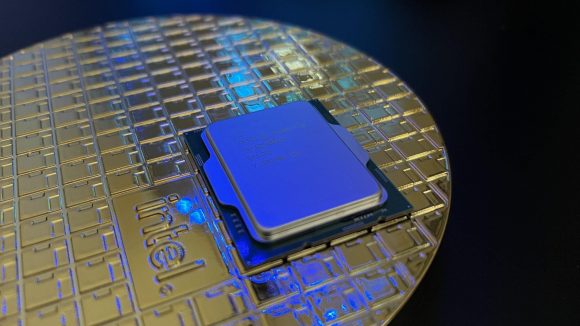 Intel Core i9-12900KS: A top down view of the CPU, with a blue hue
