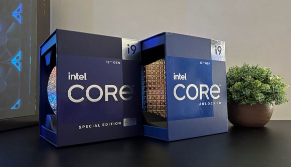 Intel Core i9-12900KS: Retail boxes of two 12th Gen Intel Core processors sit side by side, with a plant to their right