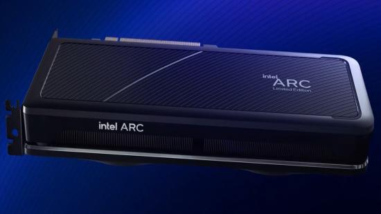 Intel GPU: desktop arc alchemist graphics card on blue backdrop