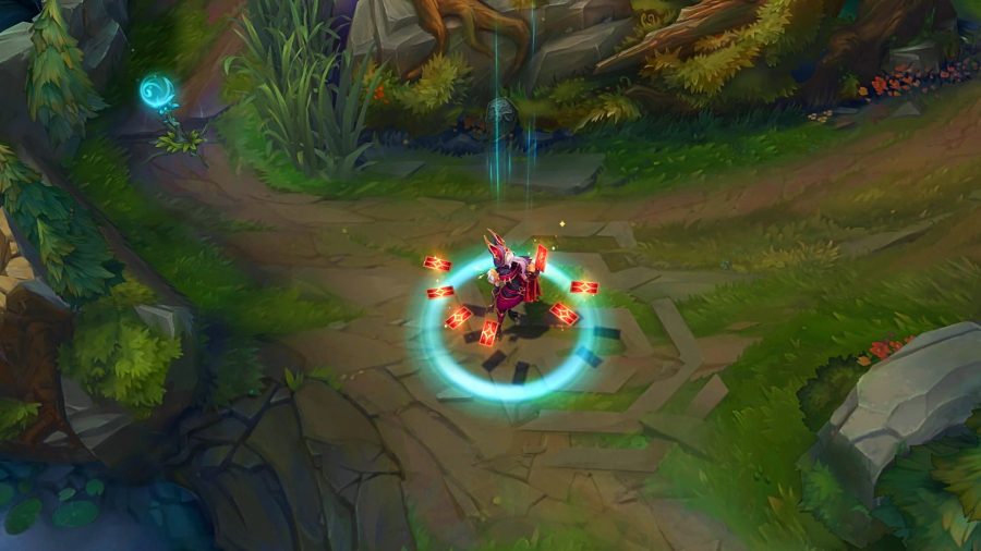 Xayah shows off her new Arcana skin from LoL patch 12.7 in the forest