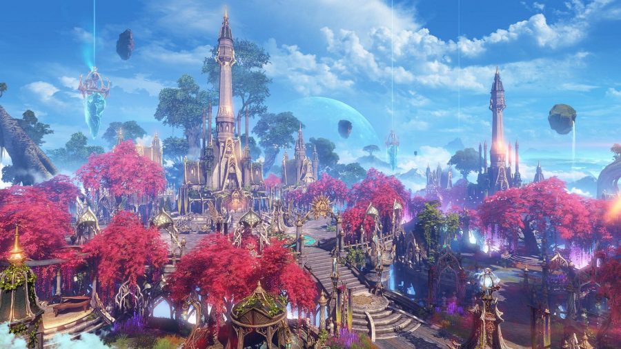 An elegant plaza in Lost Ark with glowing crystals, red foliage and buildings with tall steeples